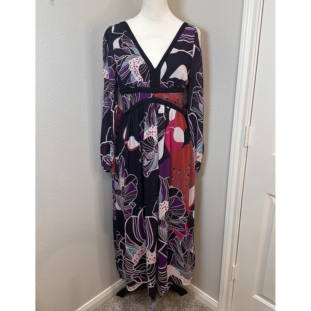 Anthropologie LET ME BE Floral Midi Dress M Flowy‎ Black Purple Party Wedding - Picture 2 of 15